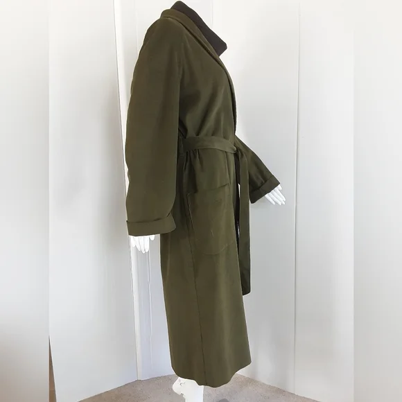 Green Corduroy 100% Cotton Shawl Collar Belted Open Front Pocket Long Coat Sz L - Picture 2 of 7